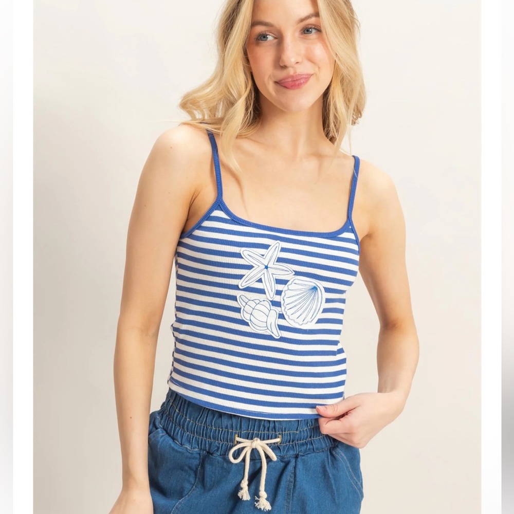 NEW HYFVE Blue Striped Shell Embroidered Tank Top Coastal Cami Beach Tank S M L